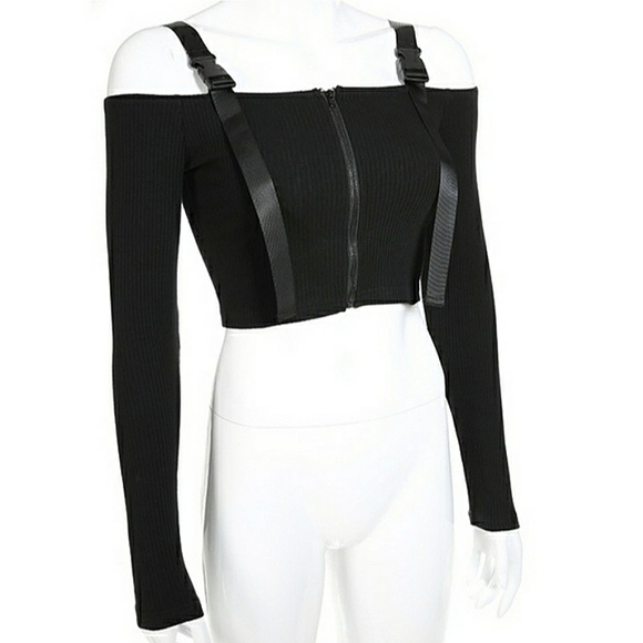 Black Cold Shoulder Ribbed Knitted Crop Top Long Sleeve Streetwear - Picture 8 of 15